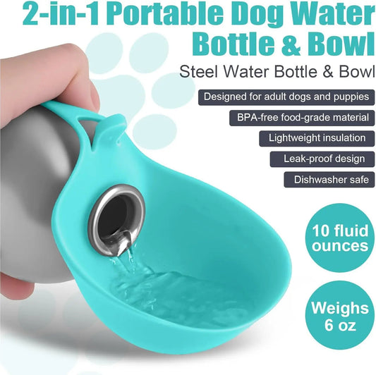 Dogs Drinking Bottle with Silicone Bowl, 285ml Stainless Steel Leak-Proof Dog Drinking Bottle for Cats and Dogs, Walks and Hikes